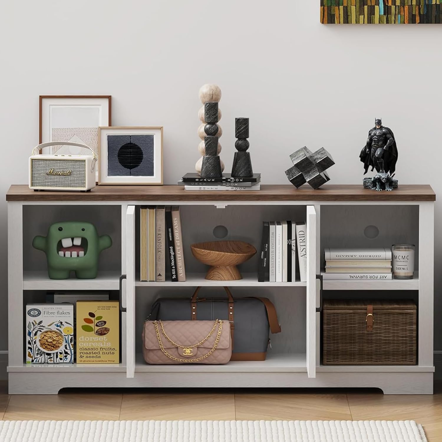 Cheersstar Farmhouse TV Stand for 65 Inch TVs, Entertainment Center with 2 Storage Cabinets, Modern Media TV Console Table for Living Room Bedroom, Antique White