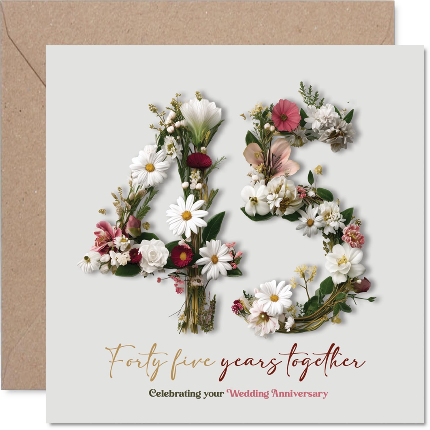 Romantic 45th Anniversary Card - Forty-five Years of Love - Elegant Floral Number Design with Pink and Green Blooms - 145mm Square, Envelope Included