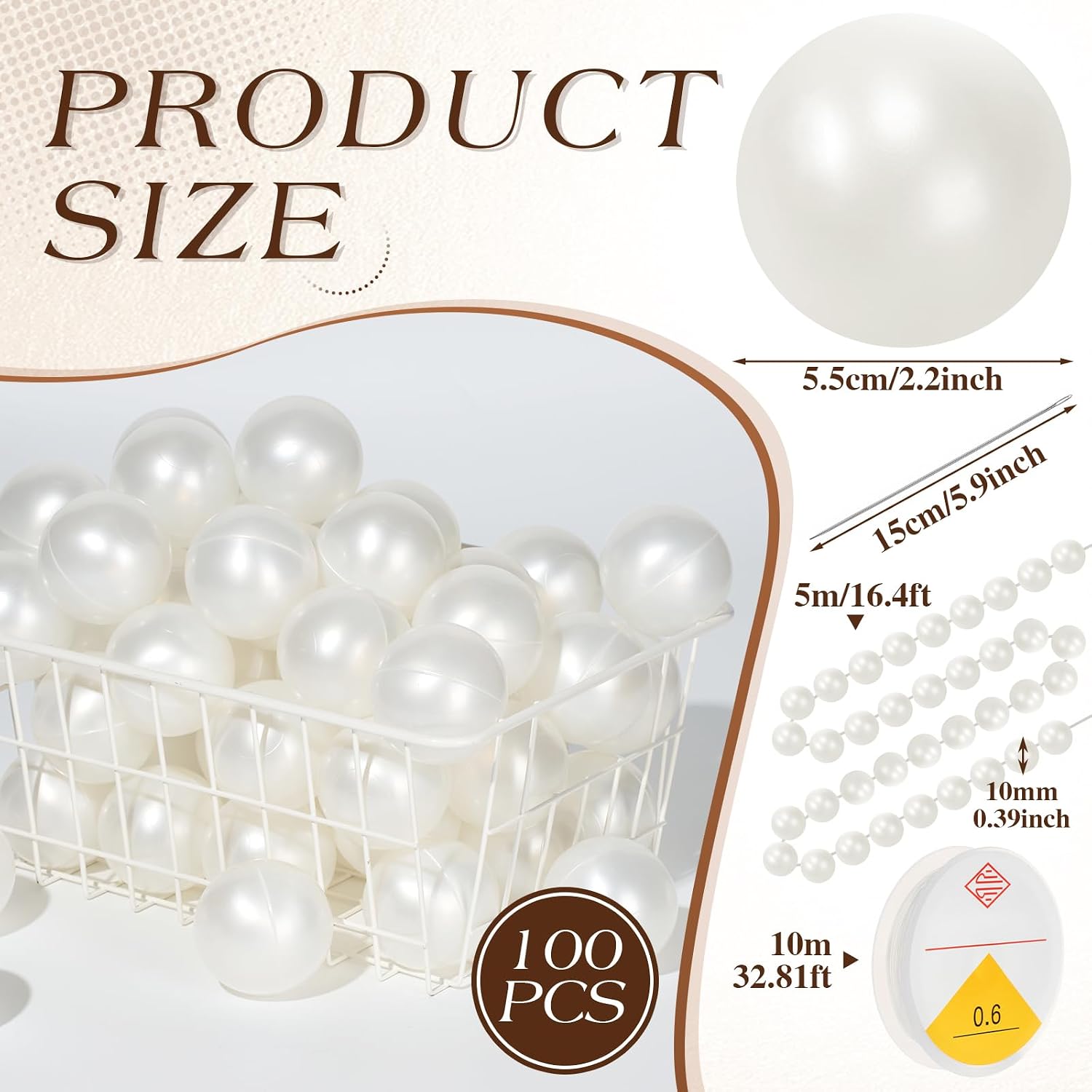 100 Pcs Quick Link Pearl Ball Garland Pits 2.2 Inch Pearlescent White Plastic Ball with 16.4ft Pearl Bead Garlands for Wall Arches Chain Birthday Wedding Anniversary Graduation Party Decor