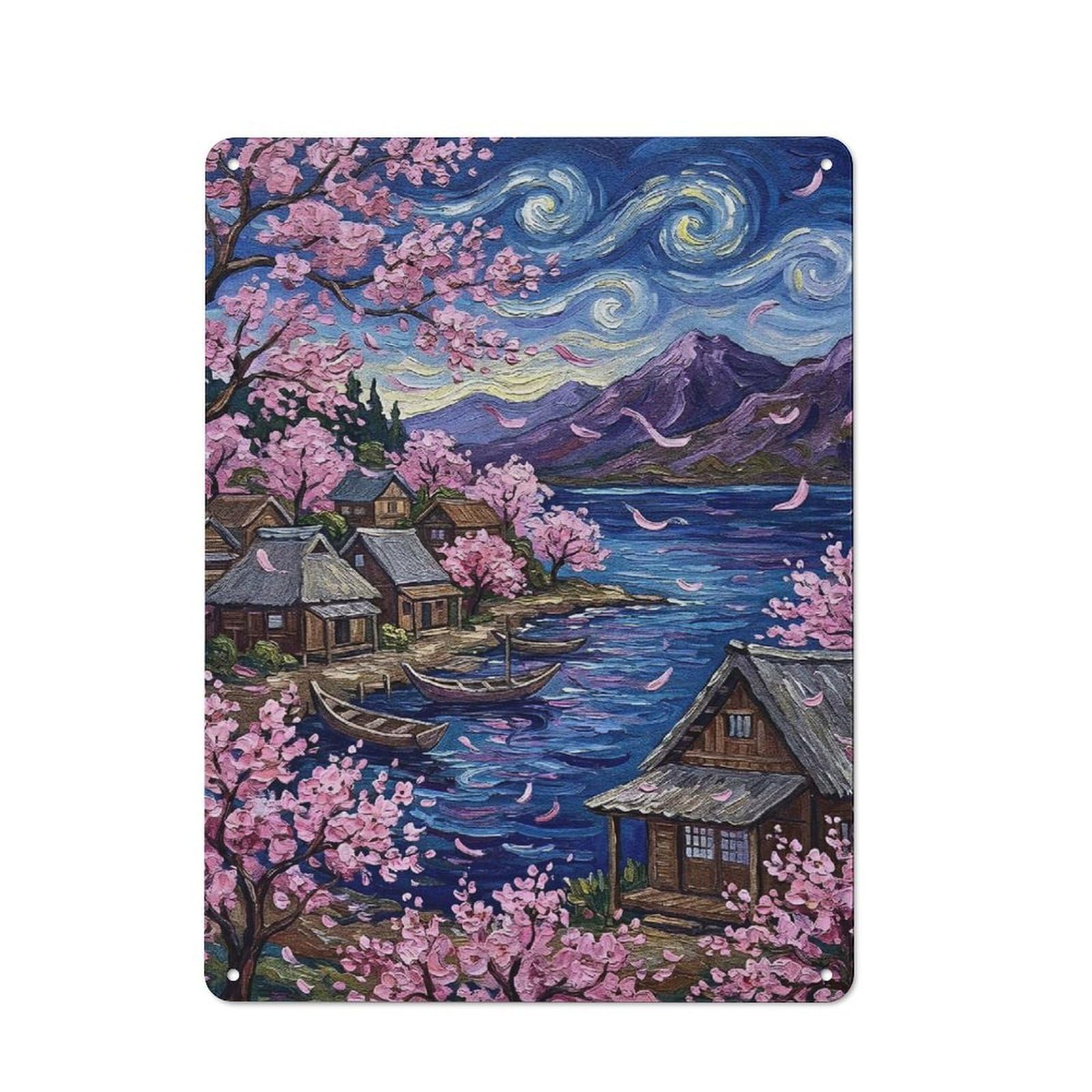 Junmoney Style-24 For Hobby Room Or Studio, Cherry Blossom Village By The Lake Retro Metal Wall Sign 40X30cm, For Vintage Wall Decor Fans, For Themed Room Decoration
