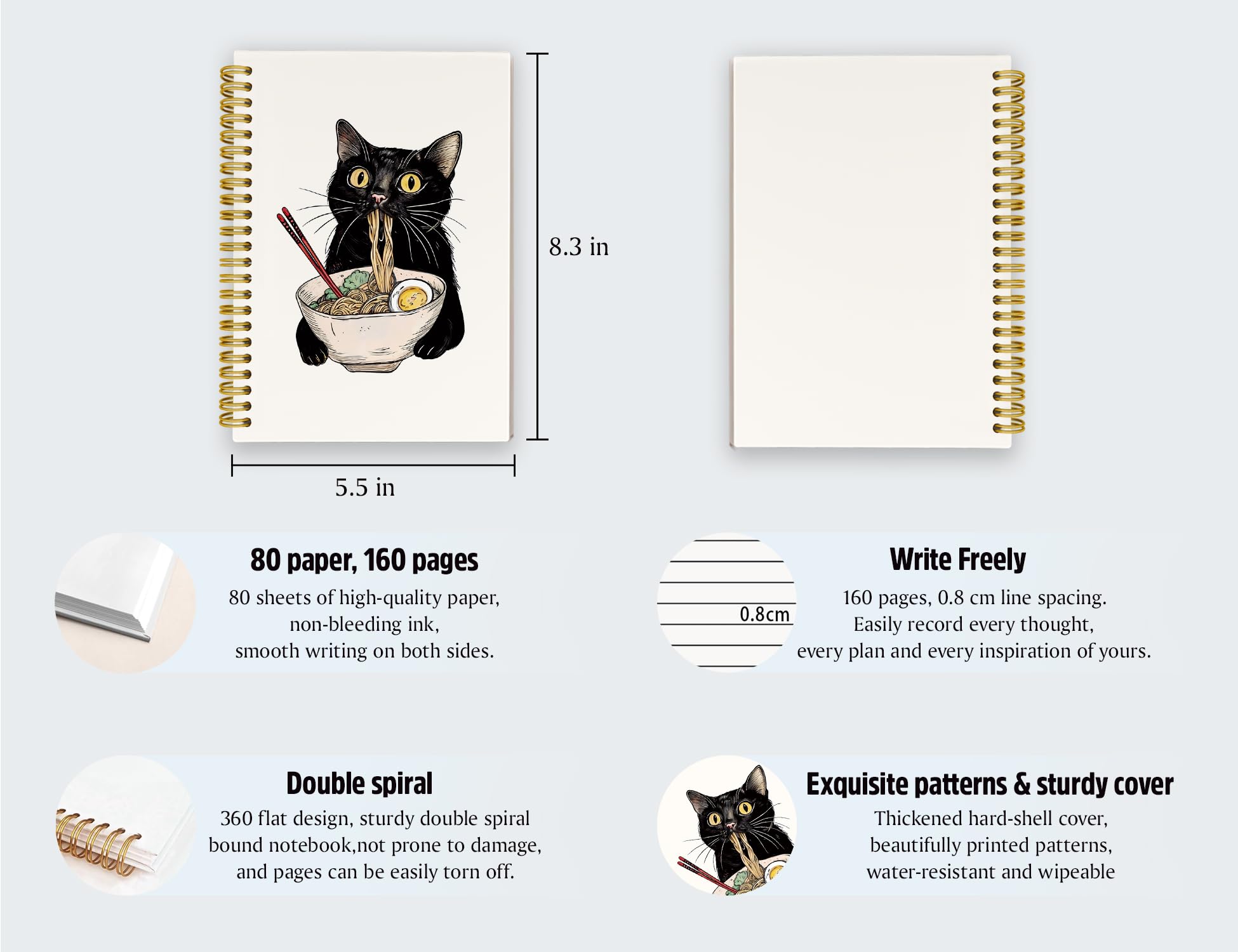 ICEWHITEY Cuaderno de gato negro, regalos de gato negro, divertido diario de gato negro come fideos, regalos para amantes de los gatos, regalos de mamá y gato, suministros de oficina para gatos