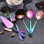 Rainbow Serving Spoons Set 6 Pieces, Serving Utensils Set Include Cake Server Slotted Spoon Serving Spoon Serving Fork Ladle Butter Knife Spreader Serving Set Dishwasher Safe
