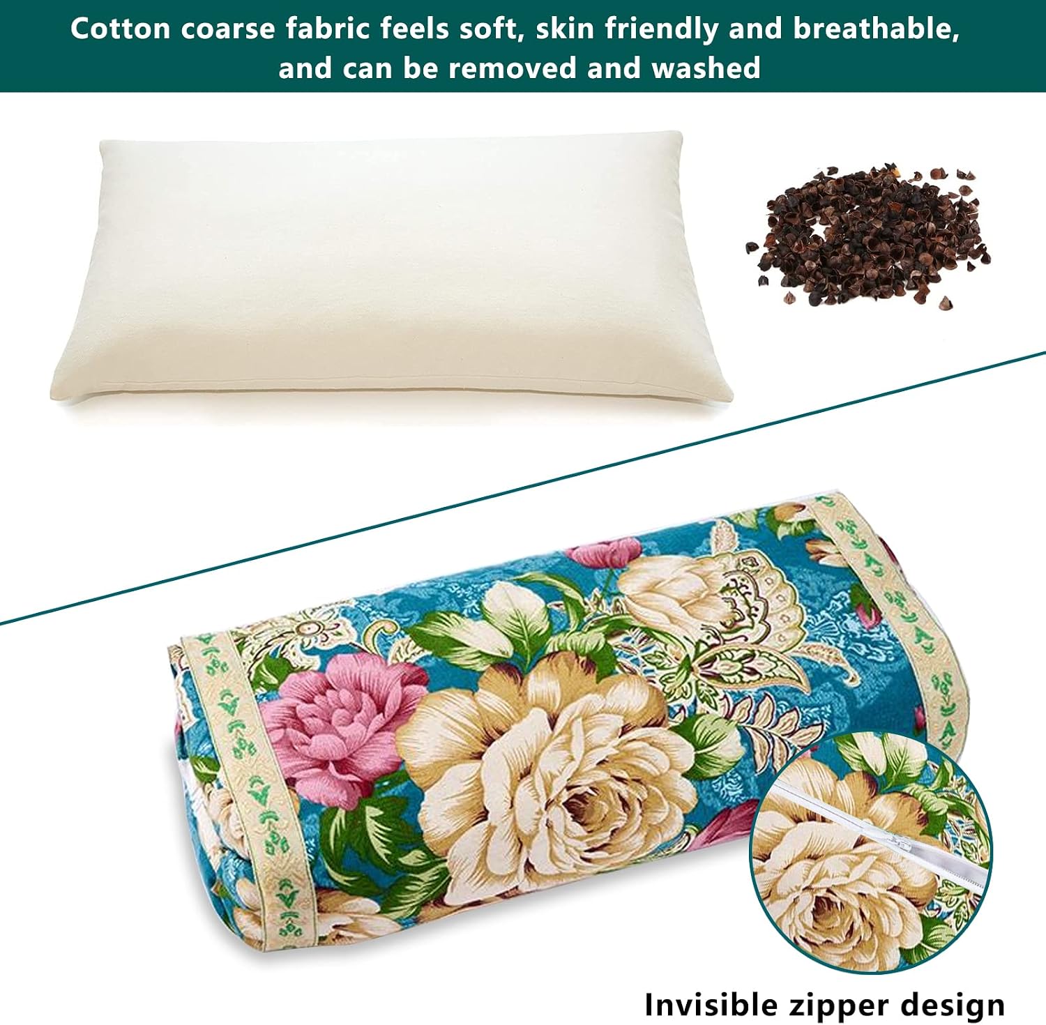 Organic Buckwheat Pillow ，Adjustable Breathable for Cool ，Has Massaging Effect，Improve Sleep Quality (Blue)