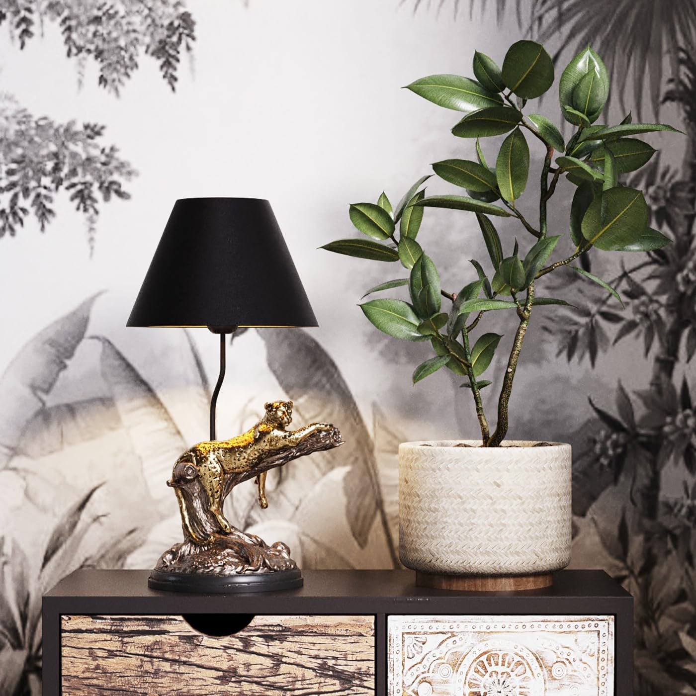 Kare Design Lámpara de Mesa Relax Leopard, Negro/Dorado, Motivo de Leopardo, Moderna, Altura 50cm, Luz Decorativa, Decoración para Dormitorio y Sala de Estar, sin Bombilla Incluida