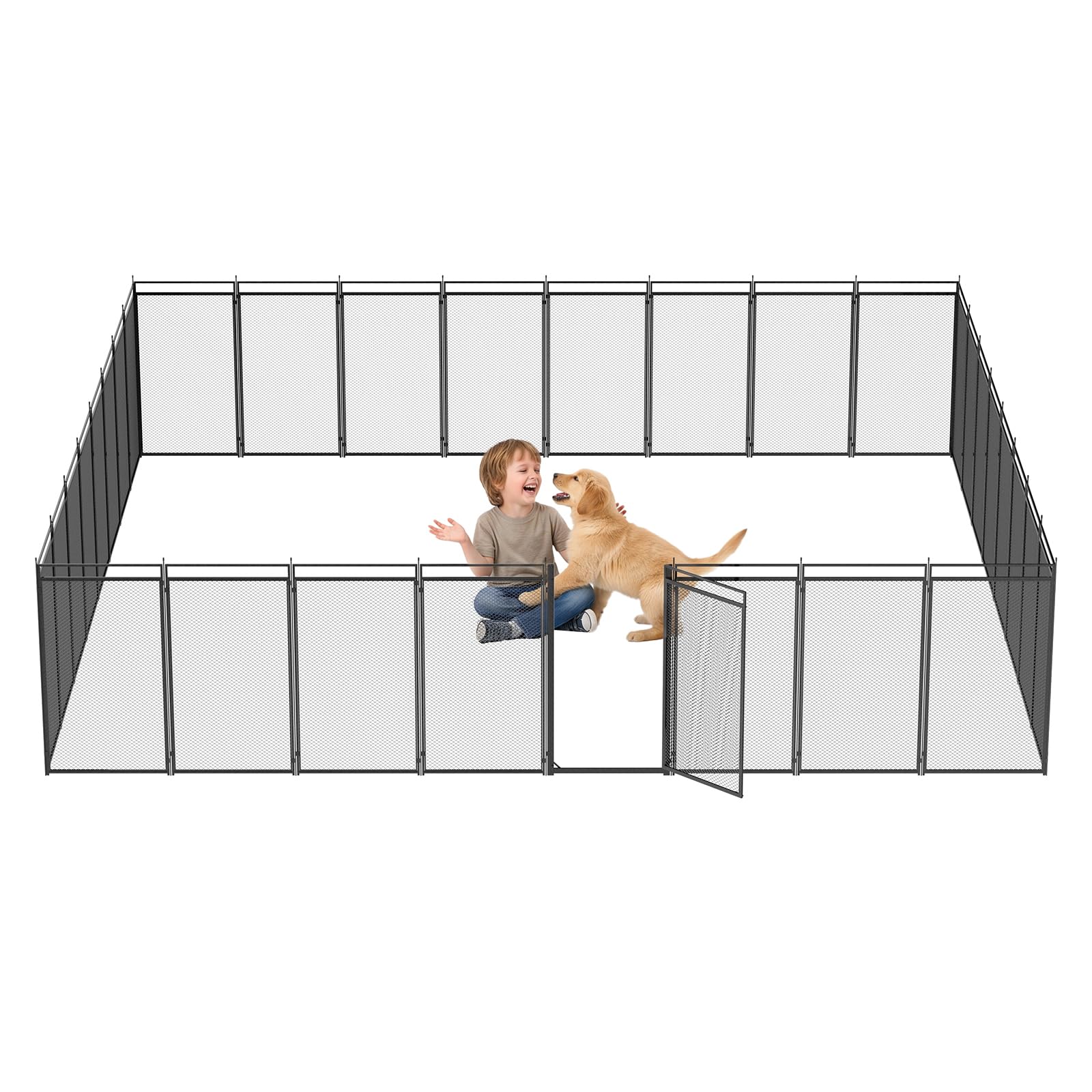Dog Playpen with Safety Mesh, 47" Height 32 Panels Metal Dog Fence Indoor Outdoor, Portable Dog Kennel for Camping, Yard &amp; RV | Black-Silver