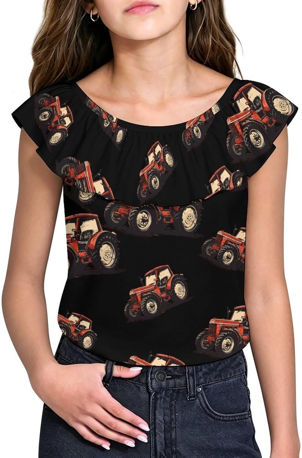 Farm Tractor 1 Girls T-Shirts Top Ruffle Short Sleeve Blouse Casual Graphic Tees