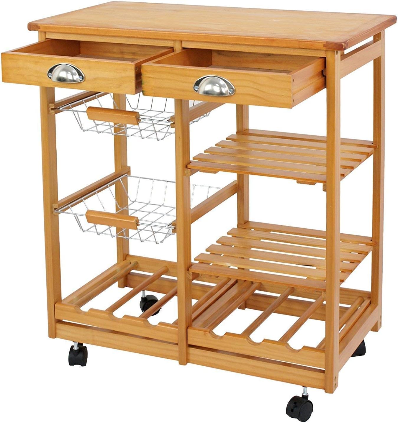 Wooden Kitchen Island Cart with Storage Kitchen Cart Rolling Service Utility Cart on Wheels with 2 Drawers 3 Storage Shelves Towel Rack, Kitchen Service Trolley for Home, Restaurant, Bar