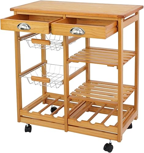 Miniatura 8 de Carrito de madera para isla de cocina con almacenamiento, carrito de servicio rodante sobre ruedas con 2 cajones, 3 estantes de almacenamiento,