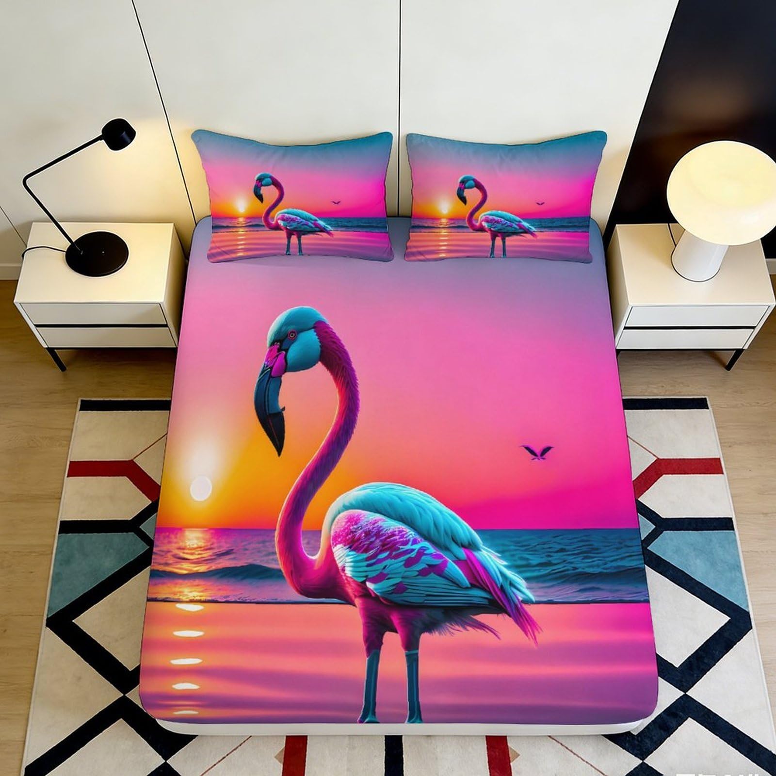 3D Printed Flamingo Sunset Fitted Sheet Microfiber Soft Breathable Ocean View Bed Cover for Bedroom Dormitory Guest Room Mattress Protection Decor 90x200x25cm