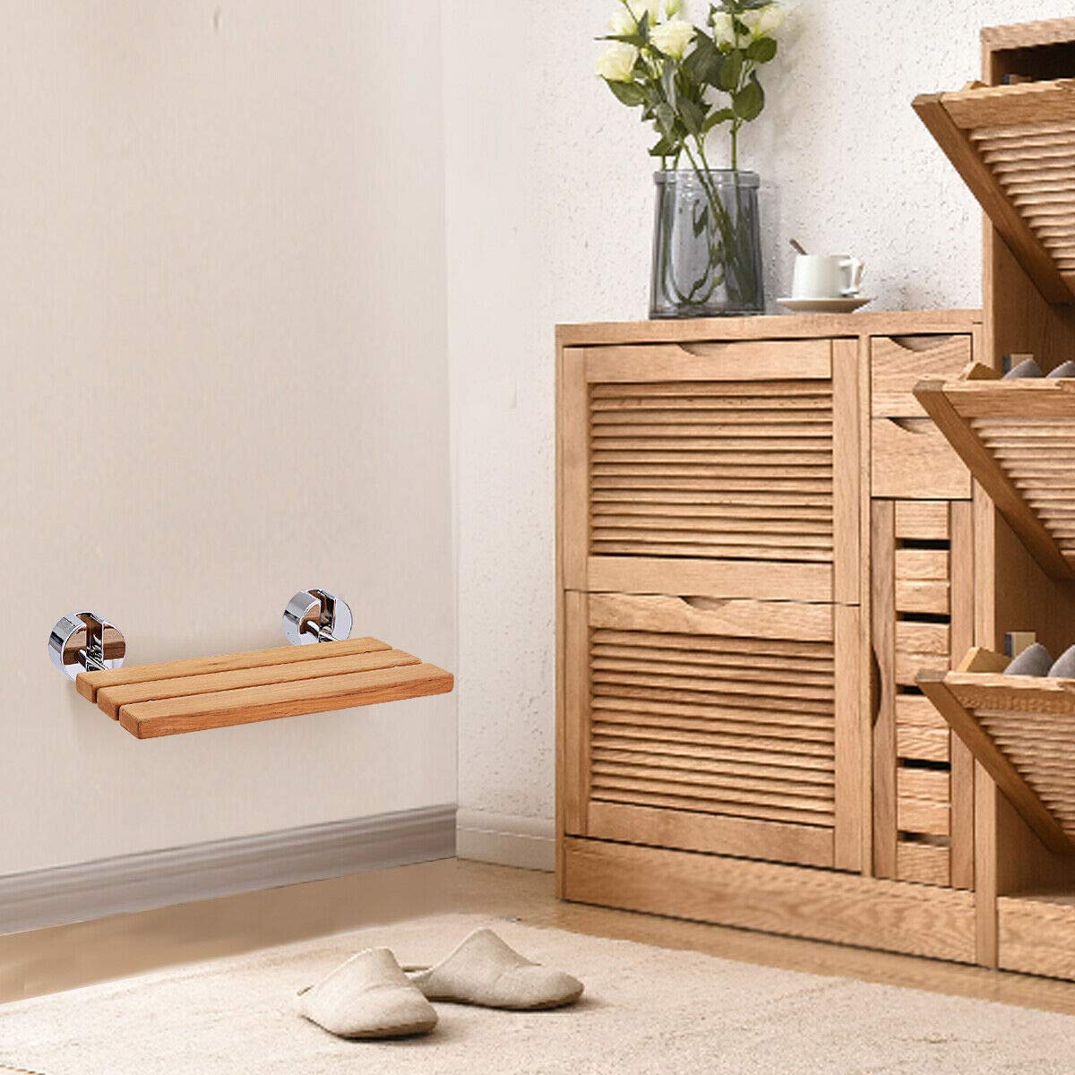 Giantex 20" Teak Wood Folding Shower Seat Bench Folding Shower Seat