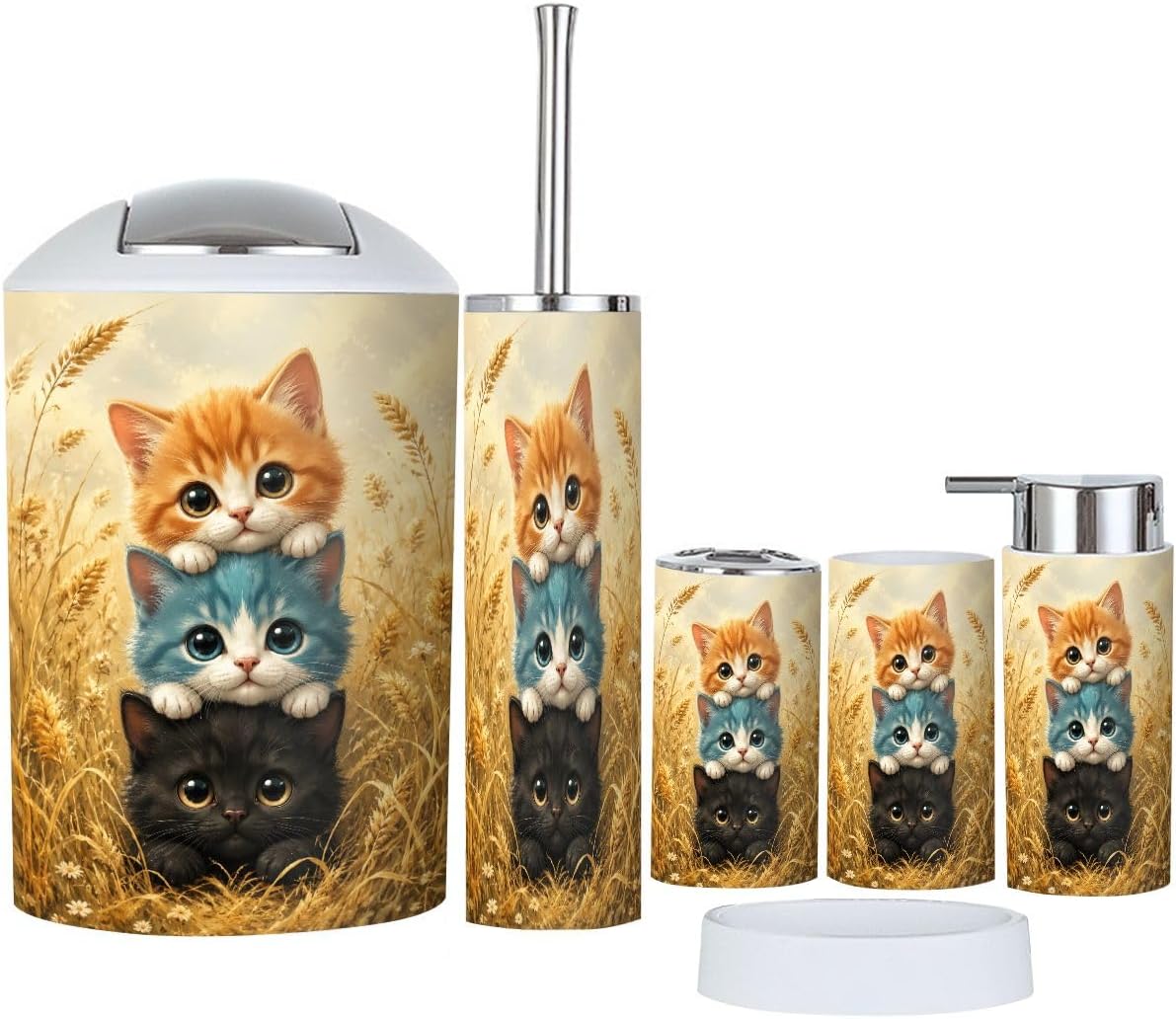 Bathroom Accessories Set 6 piece Adorable Trio Big Eyed Cats Wheat Field Plastic shatterproof Vanity Organization countertop Decor for Home, Apartment, Dorm