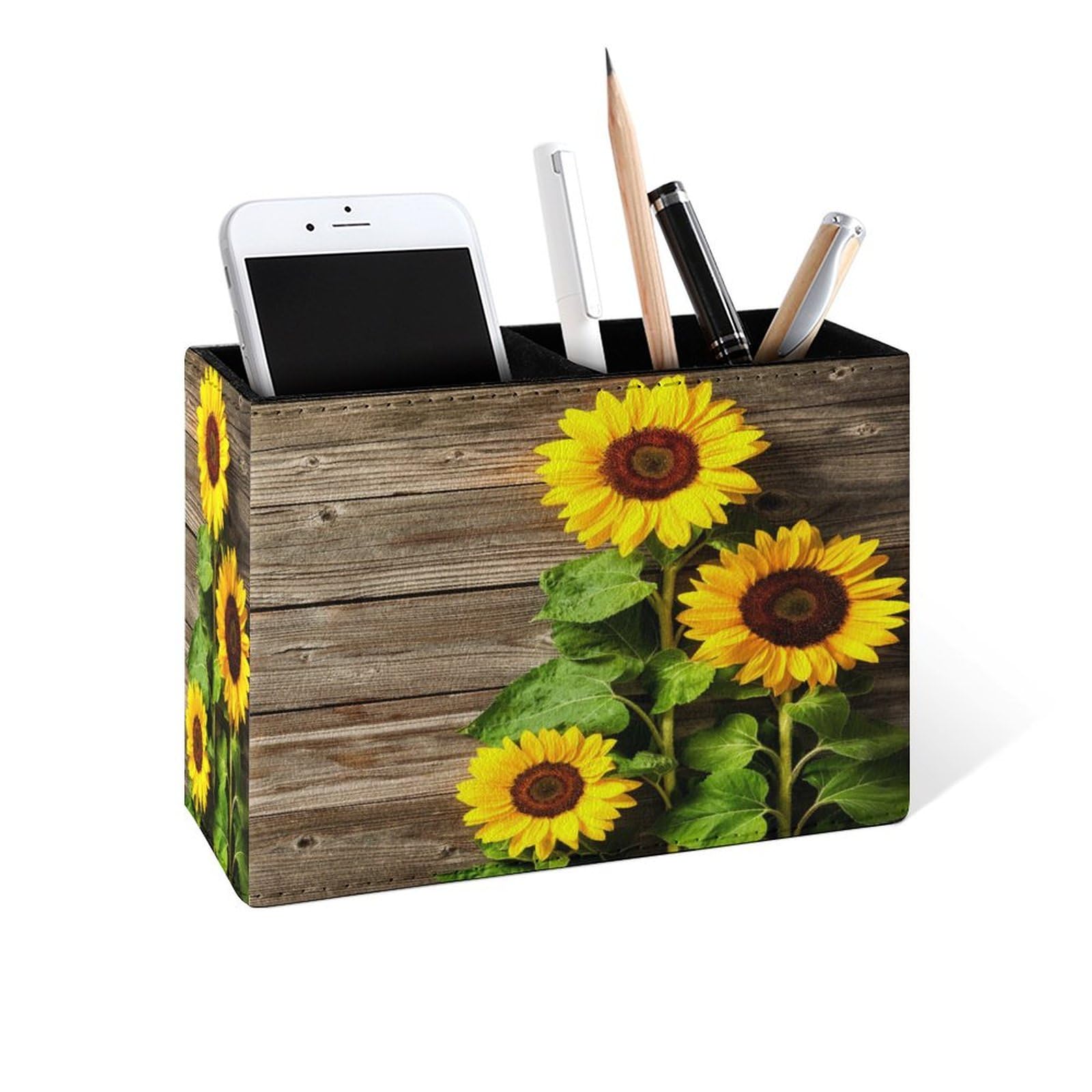 Famame Wooden Board Sunflower Pencil Holder for Desk, Leather Desktop Container Pen Cup Storage Study Table Pen Organizer Makeup Brushes Holder for Office Home