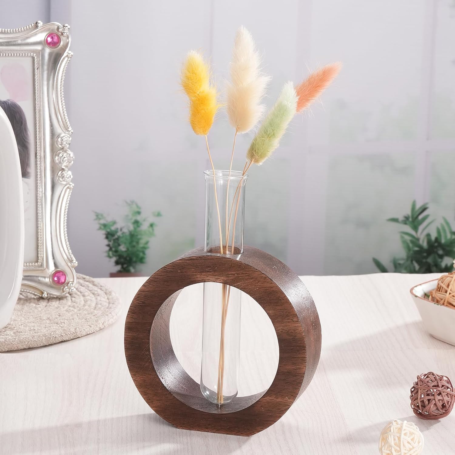 TIED RIBBONS Decorative Glass Test Tube with Donut Wooden Holder Vase for Flower Plants Home Decor Office Living Room Bedroom Table Gifts Decoration Items (Brown, 13.9 cm x 11.4 cm)