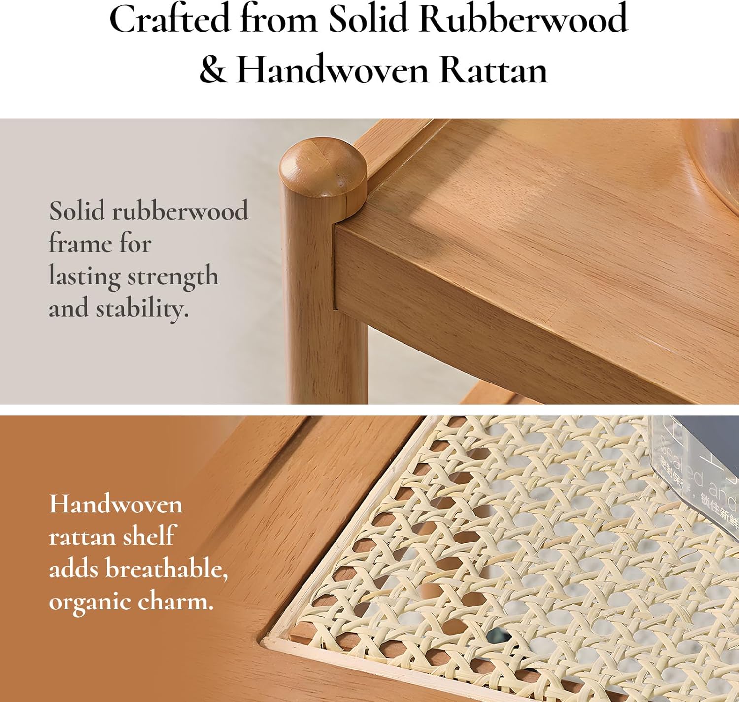 Rattan Side Table with Wheels, Small End Table with Storage, Narrow Wooden Bed Side Table for Living Room, Modern Slim Sofa Nightstand, 23.43" W*12.99" D*19.69" H, (Natural)