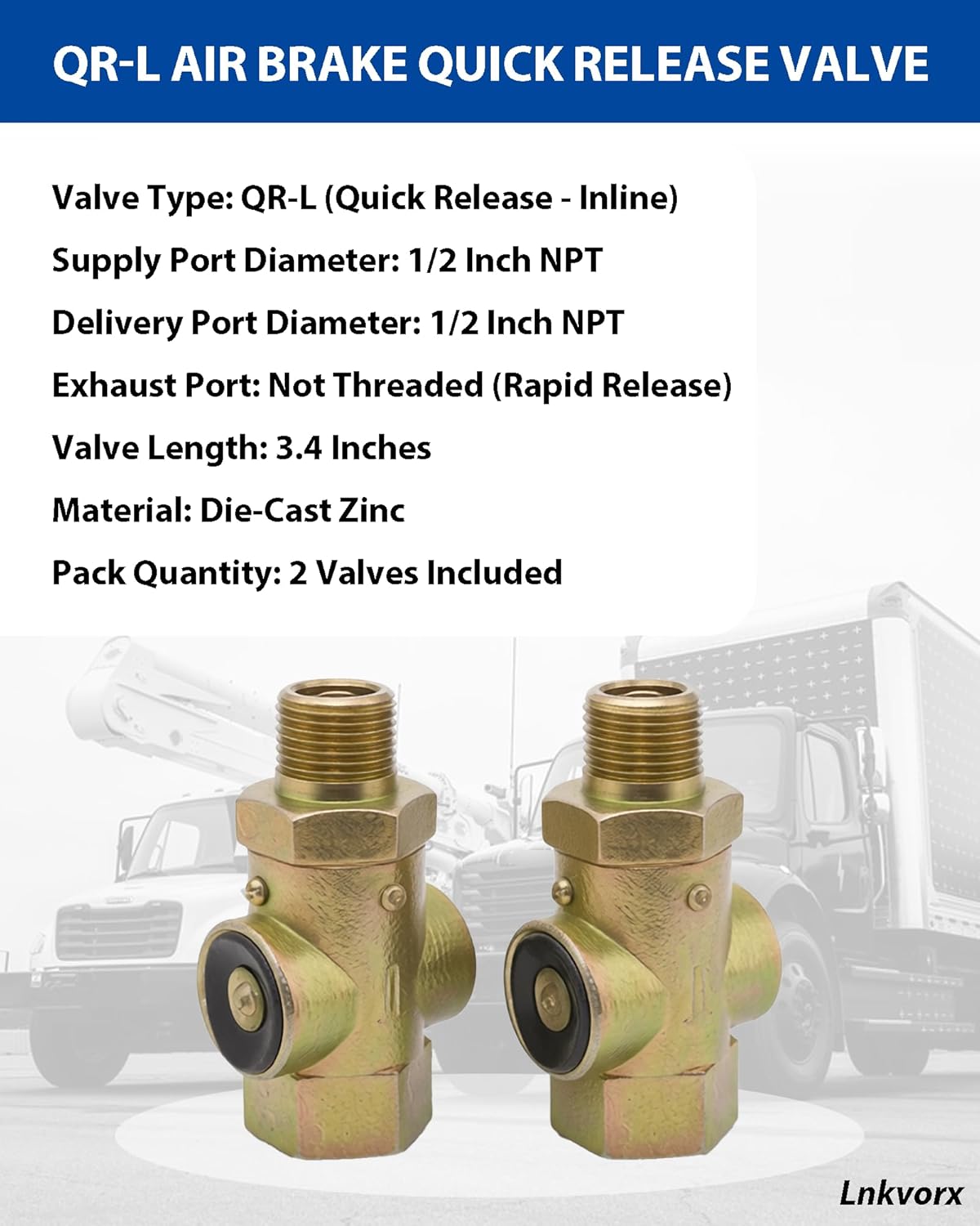 [2-Pack] 800333 Air Brake Quick Release Valve QR-L - Replaces Bendix 065707 | Tectran 14482 | Meritor R955800333N | Volvo 3093937 | Mack 745-800383 - 1/2" NPT Direct Mount Inline Valve for HD Trucks
