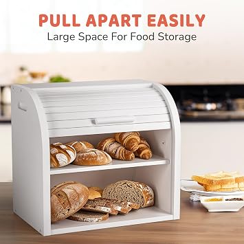 G.a HOMEFAVOR Bamboo Bread Bin 2-Layer Bread Box, Roll-Top Bread Storage for Kitchen with Removable Layer, Self Assembly, White