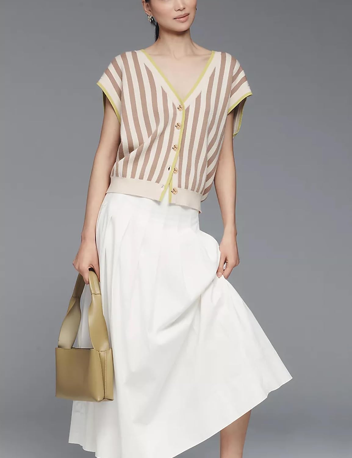 HangNiFang Womens Summer Knit Cardigan Vest V Neck Cap Sleeve Golden Button Sweater Tops - Image 3