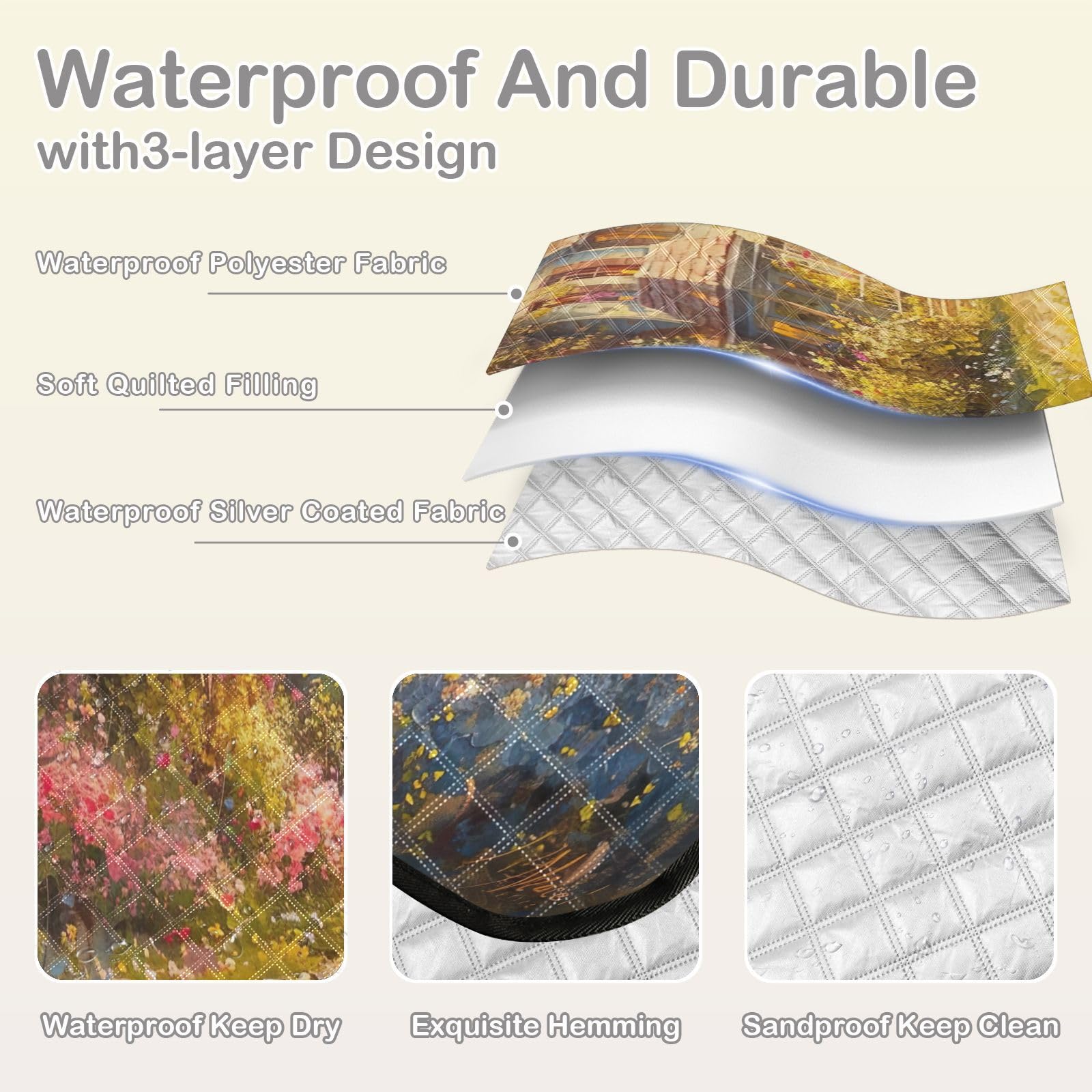 BOESI Doodle Flower and Cabin Pattern Family Outdoor Waterproof Durable Picnic Blanket Outdoor Beach Blanket Foldable Suitable for Picnic, Beach, Camping, Travelling