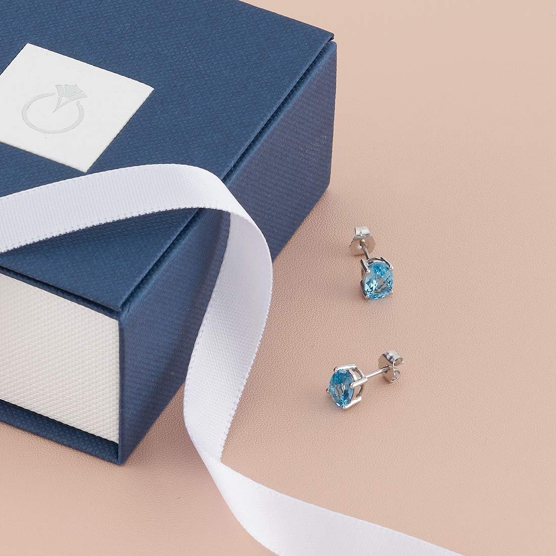 Peora Swiss Blue Topaz Earrings for Women 14K White Gold, Genuine Gemstone Classic Solitaire Studs, 7x5mm Oval Shape, 2 Carats total, Friction Back, Blue Earrings, December Birthstone Earrings