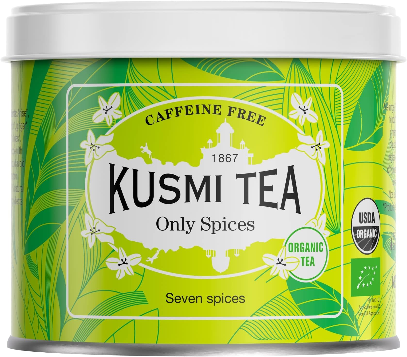 Kusmi Tea - Only Spices - Organic Herbal Tea with Cinnamon, Aniseed, Ginger, Licorice, Fennel & More Spices - Caffeine Free - Enjoy Hot or Iced - Loose Leaf Tea - Tin Box of 3.5 oz for about 50 cups