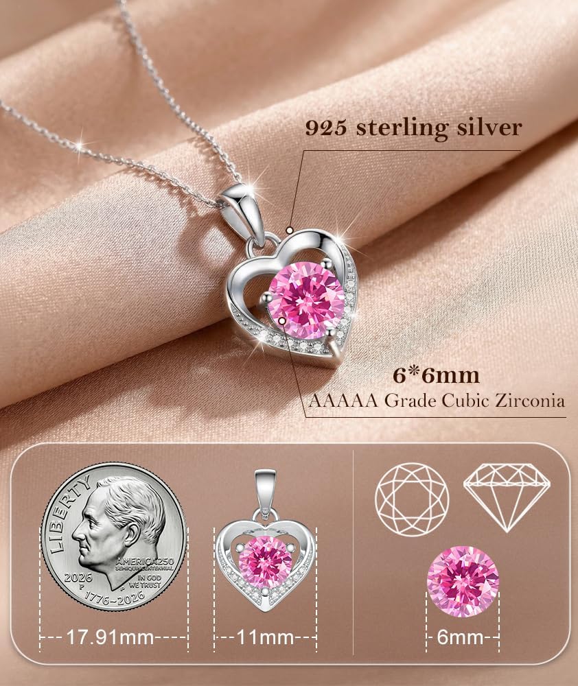 Heart Necklace for Women,925 Sterling Silver Birthstone Pendant, Necklace Pendant with Titanium Steel Chain 16+2", Women's Romantic Jewelry Gift for Birthday