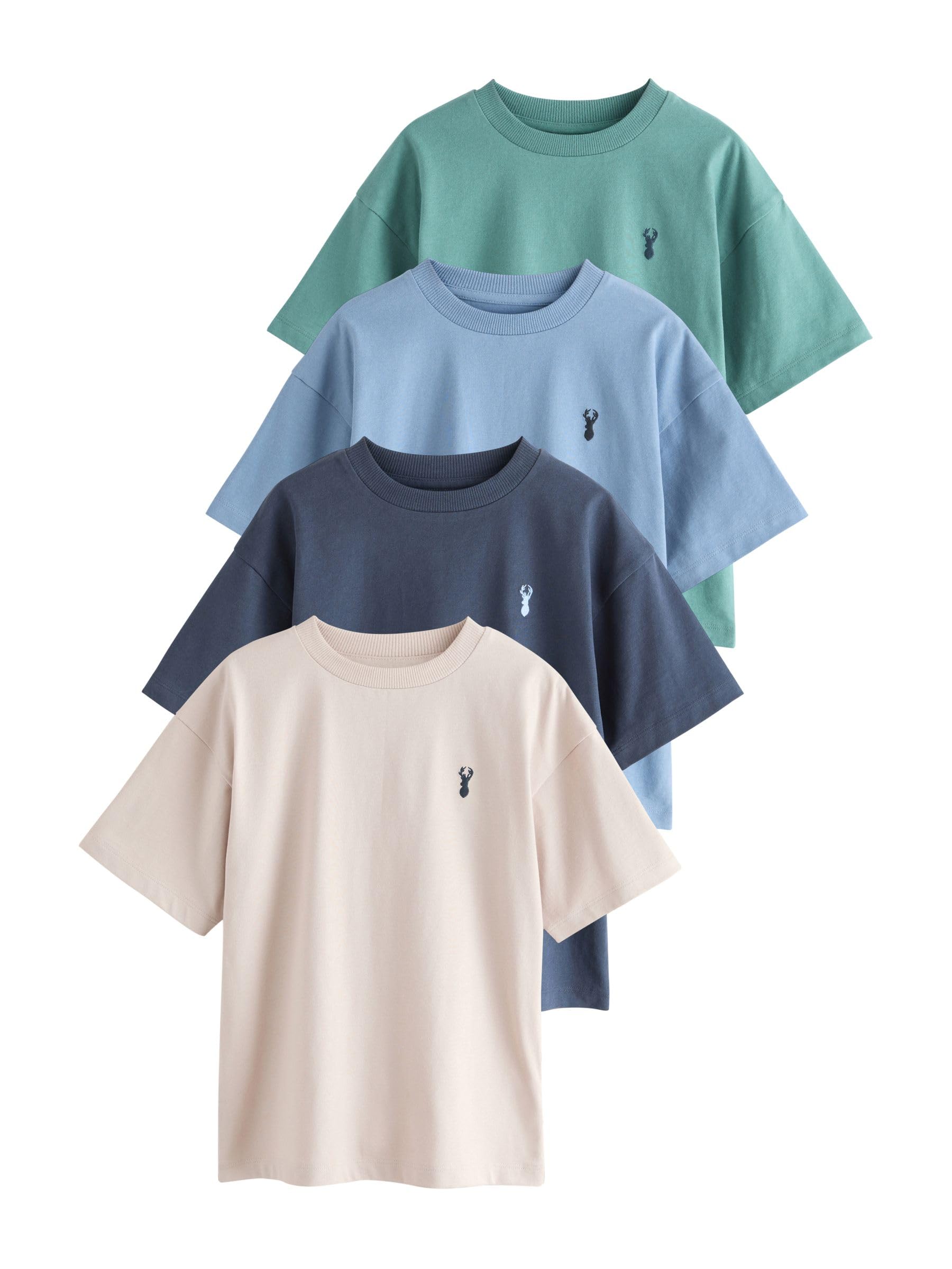 NEXT Ragazzo Confezione da 4 T-Shirt con Cervo Ricamato | Bambino, Standard, Pull On, 100% cotone, Lavabile in lavatrice