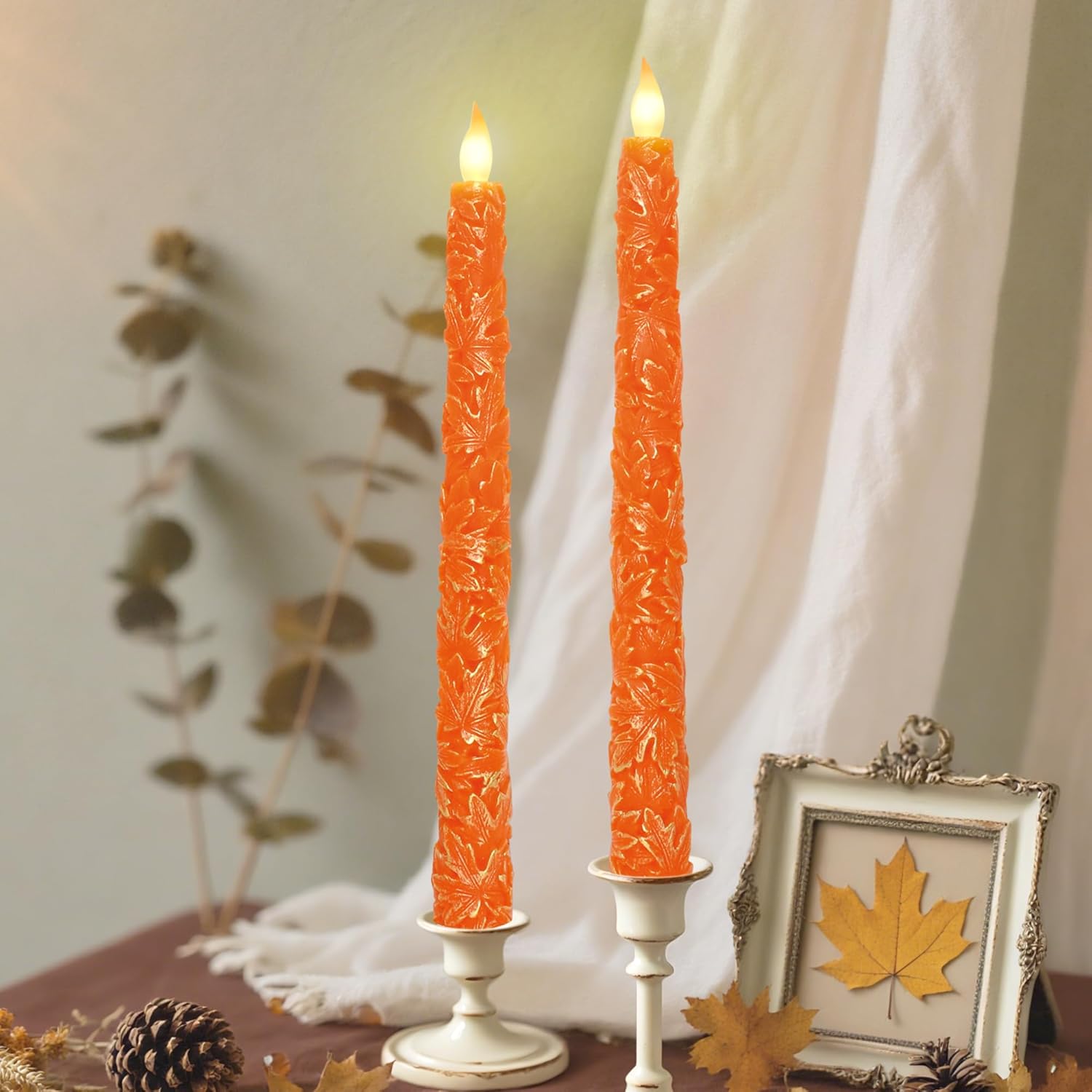 Impress Life Fall Flameless Taper Candles, Carved Maple Leaf Real Wax Candles with Remote Battery Operated LED Candlesticks for Autumn, Halloween, Thanksgiving Decor, Set of 2