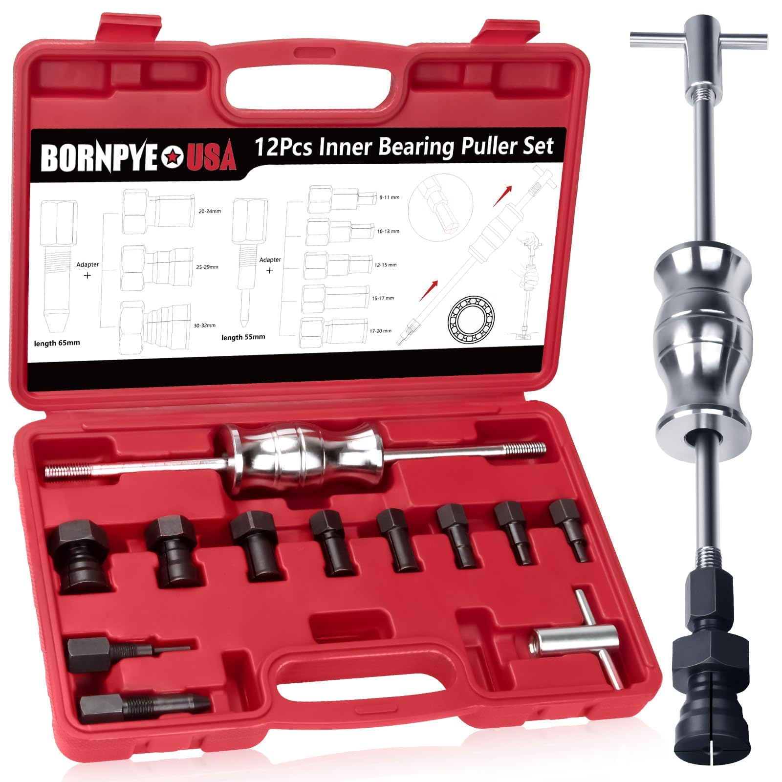 12pcs Blind Hole Collet Bearing Puller Set, Internal Bearing Extractor Puller Kit Slide Hammer Bearing Puller Set with Expandable Collets 8-32MM