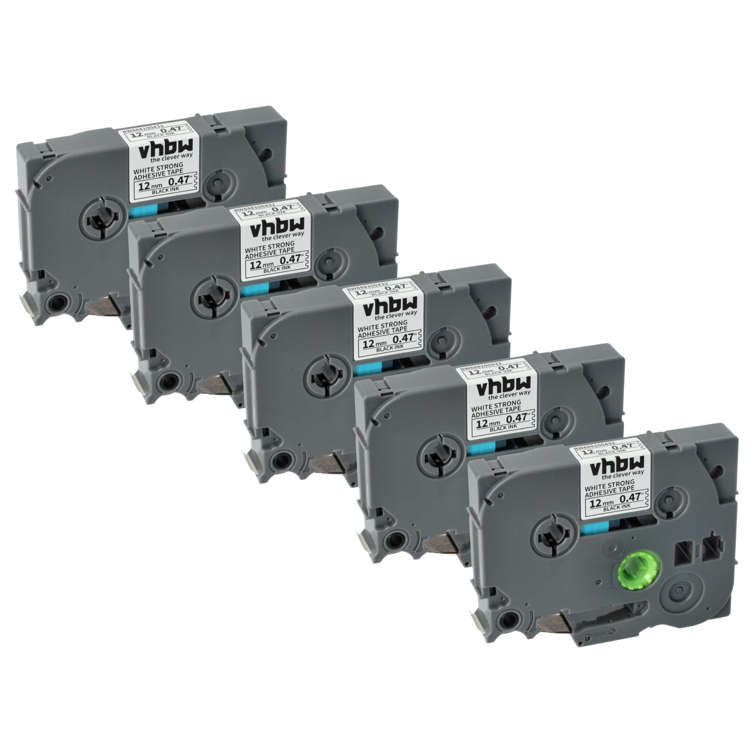 vhbw 5 x kaseta z taśmą do etykiet kompatybilna z Brother PT E550W, E550WVP, E800W drukarka etykiet 8 m x 12 mm, czarna na białym, ekstra mocna, laminowana