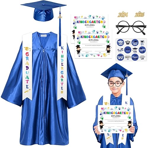 10Pcs Kindergarten Graduation Cap and Gown with 2024 Tassel Kids Preschool Graduation Printed Stole and Certificate