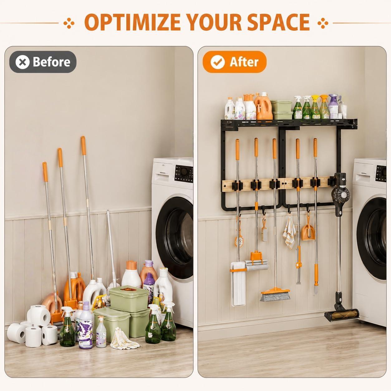 Broom and Mop Organizer Wall Hanging with Storage Shelf, 5 Tool Slots and 6 Hooks, Heavy Duty Metal Cleaning Tool Wall Mount Rack with Vacuum Hanger for Garage, Laundry Room, Kitchen image 4