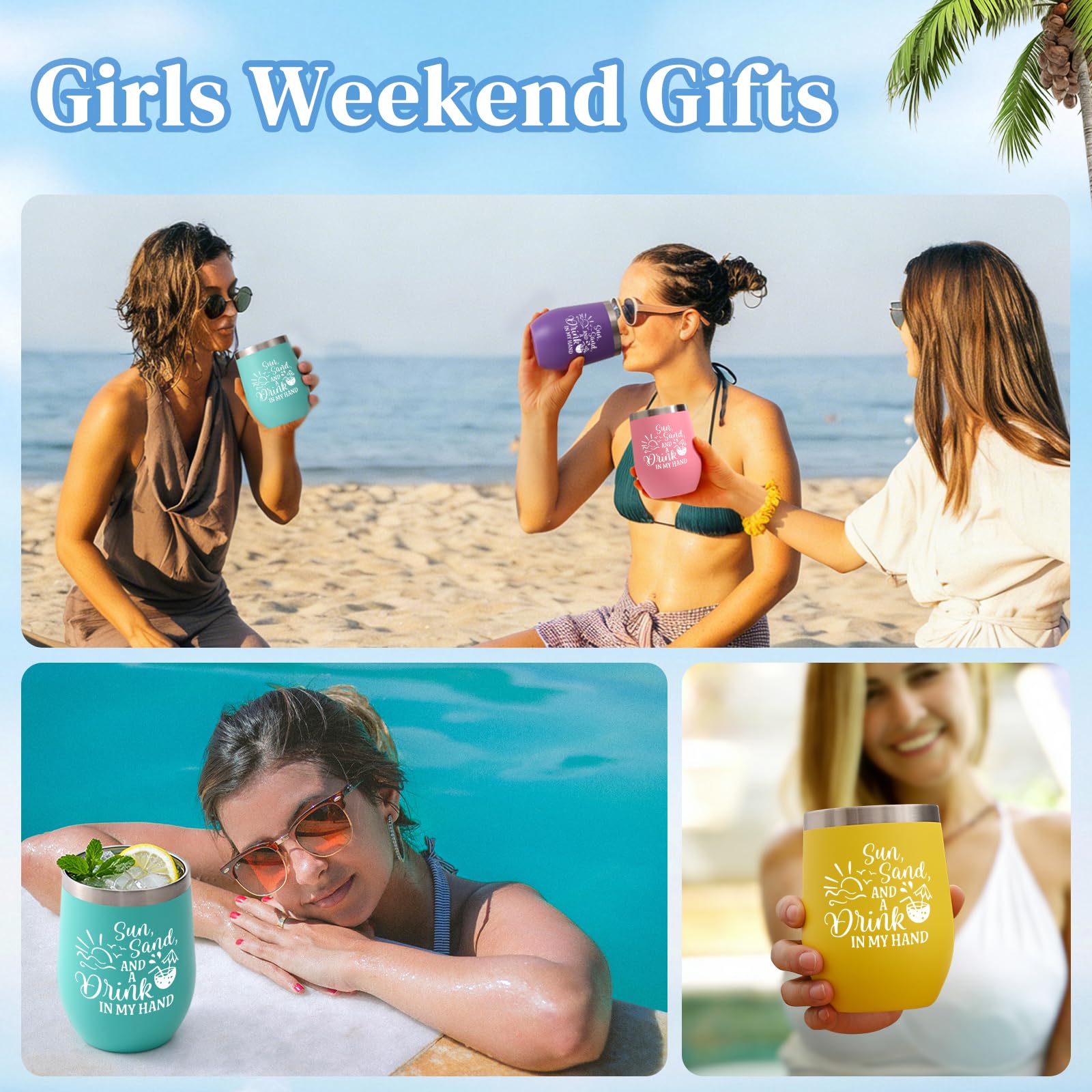 Lifecapido 4Pcs Girls Trip Gifts Favors, Beach 12oz Stainless Steel Wine Tumbler with Lid & Straw, Girls Weekend Trip Gifts Favors for Friends Sister Women Vacation Party(Multicolor)