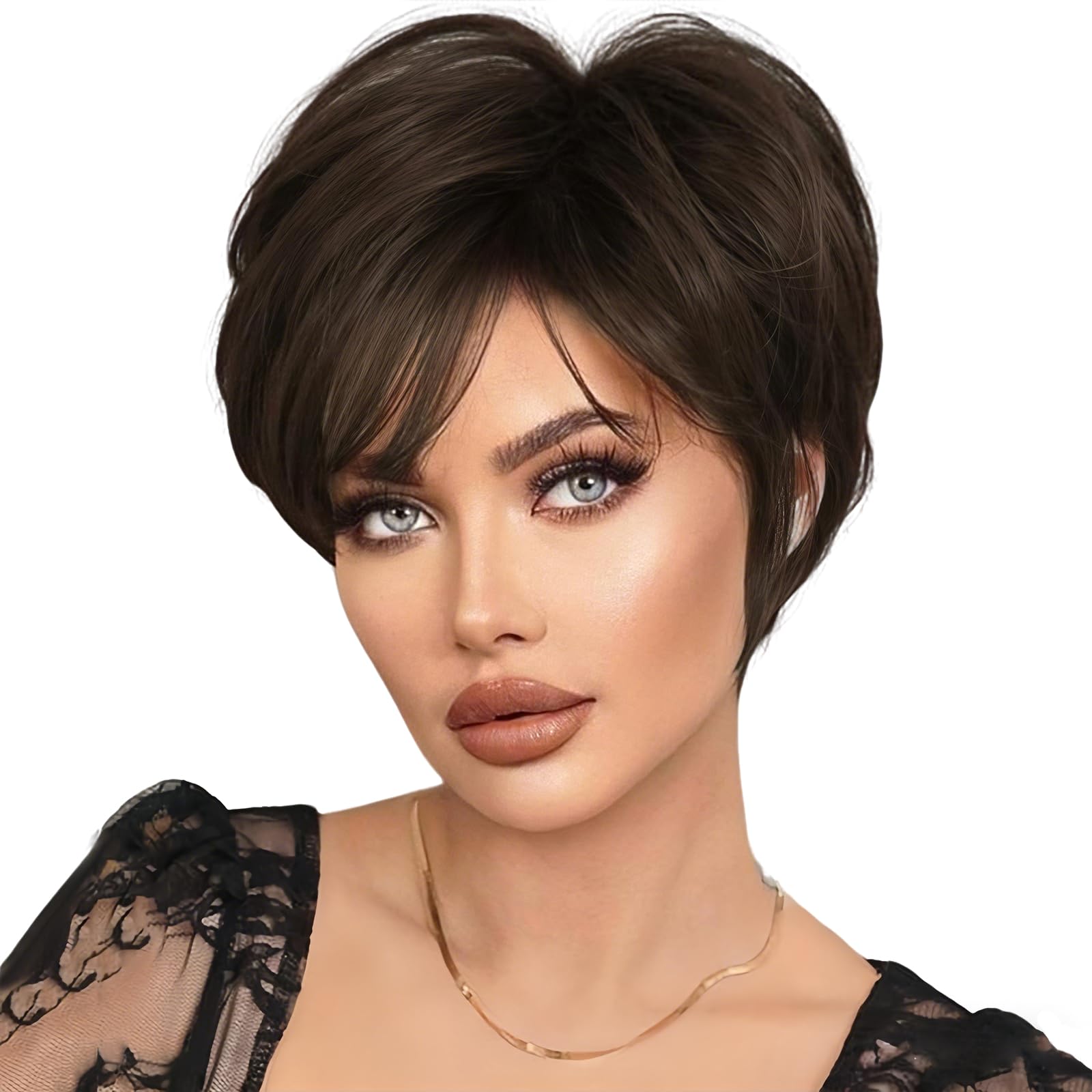 Pixie Cut Wig Short Brown Layered Synthetic Hair with Bangs Glueless Heat Amazon.com : MIMAN Women main image 4