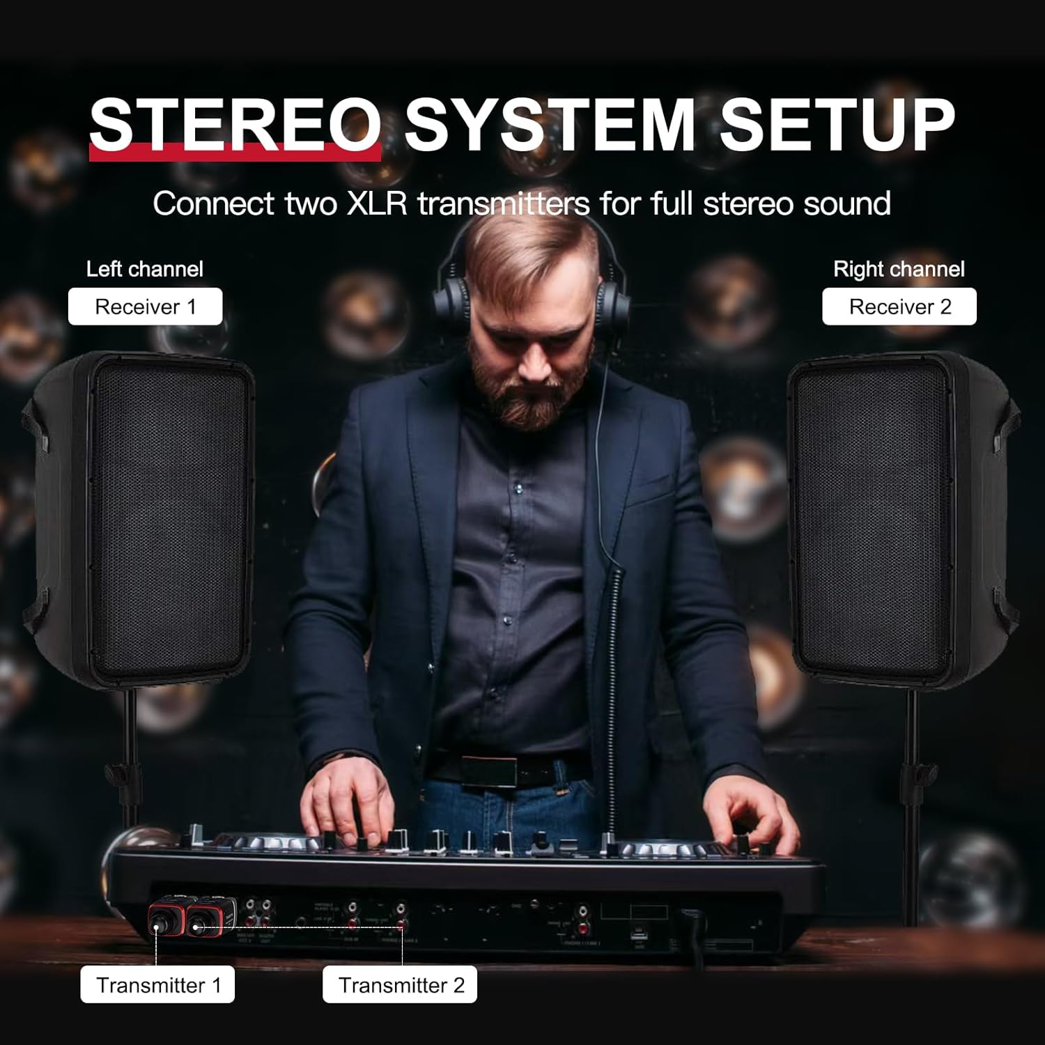 Diagram illustrating a stereo system setup with two transmitters and two receivers.