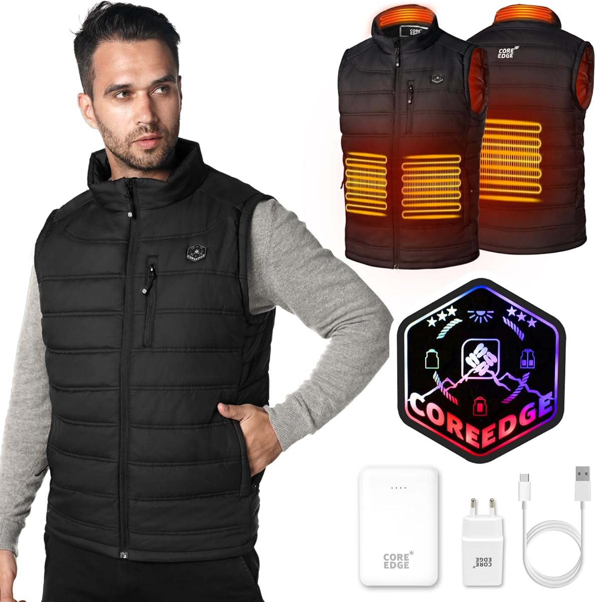 Beheizbare Weste Herren mit 10000mAh Powerbank, Heizweste mit Akku USB, Thermoweste Wärmeweste Herren mit 3 Stufen Temperatur, 4 Heizzone Weste Beheizbar
