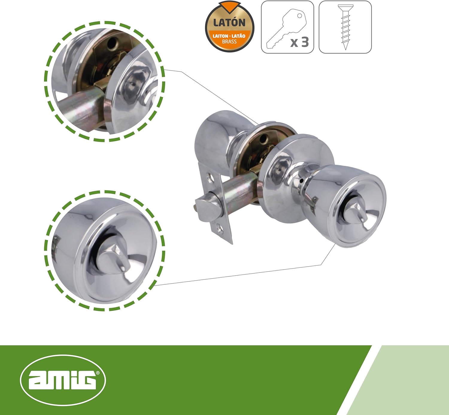 Amig - Entry Door Knob | Set of Cup-Type Knobs with Anti-Card System| Brass | Entry Handle 60/70 mm | Key and Lock | for Wooden Doors | Square Edge Handle | Gloss Chrome