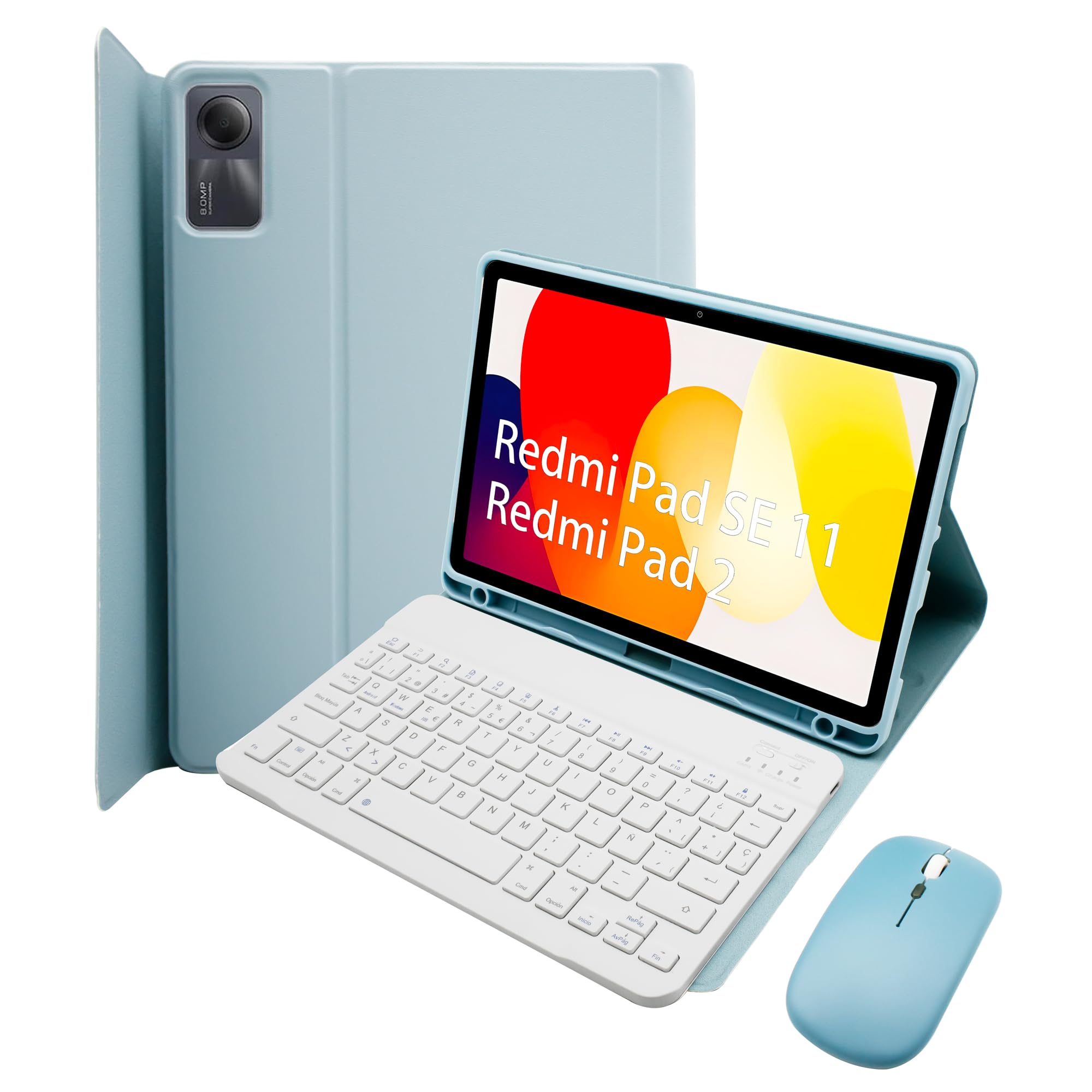 Funda Teclado para Xiaomi Redmi Pad SE 11 Pulgadas 2023/Redmi Pad 2 2025, Diseño Ñ Español, Cubierta Delgada De PU con Teclado Inalámbrico Desmontable Magnéticamente, Ratón para Tableta,Azul