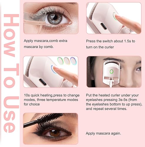 Miniatura 6 de FIBOTY Rizadores de pestañas con calefacción, rizadores de pestañas con cepillo de peine y delineador de ojos, rizador de pestañas calentado, 3