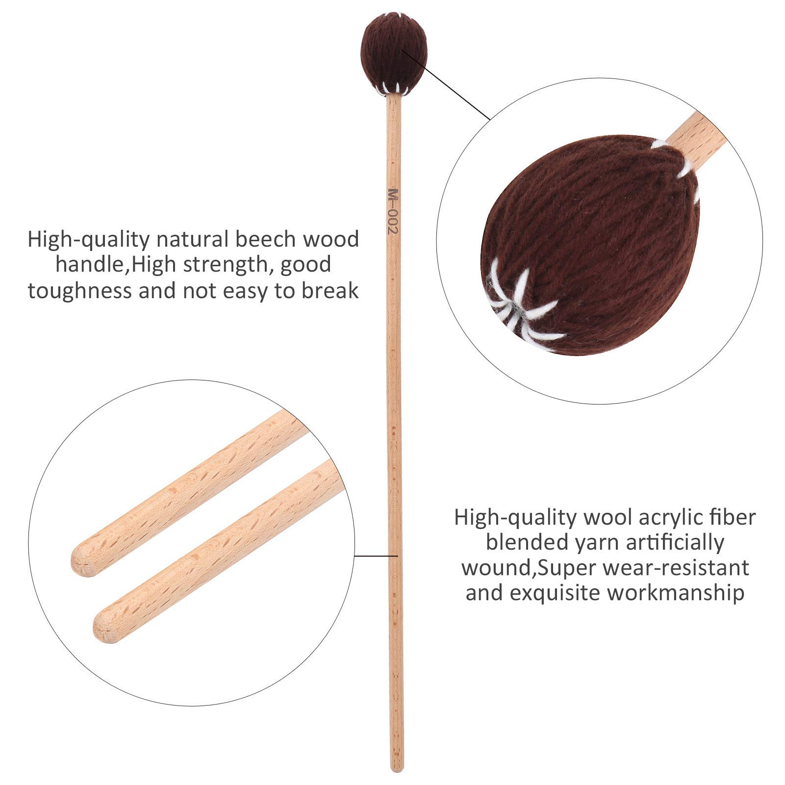 Glomora 1 Pair Marimba Mallets, Beech Handle Xylophone Instrument Accessories Blended Yarn Instrument Accessories Played Accessories (Coffee)
