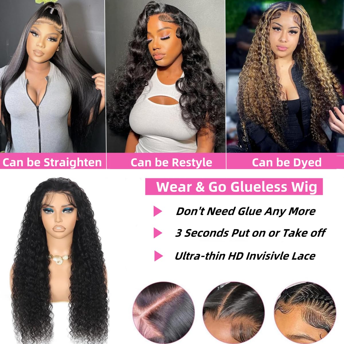200 Density 6x4 Ready to Wear Glueless Pre Plucked Bleached Knots Lace Front Wig Wet and Wavy Ultra-thin HD Lace Closure Wig PPB Glueless Curly Wigs Precut Lace for Beginners 26inch