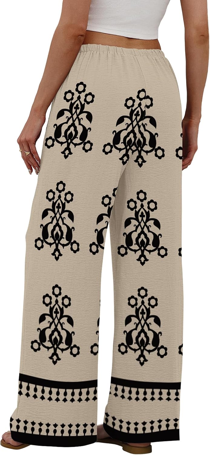  Wide Leg Pants for Women Flowy Palazzo Drawstring Elastic Waist Trousers with Pockets Summer Beach Vacation Clothes thumbnail