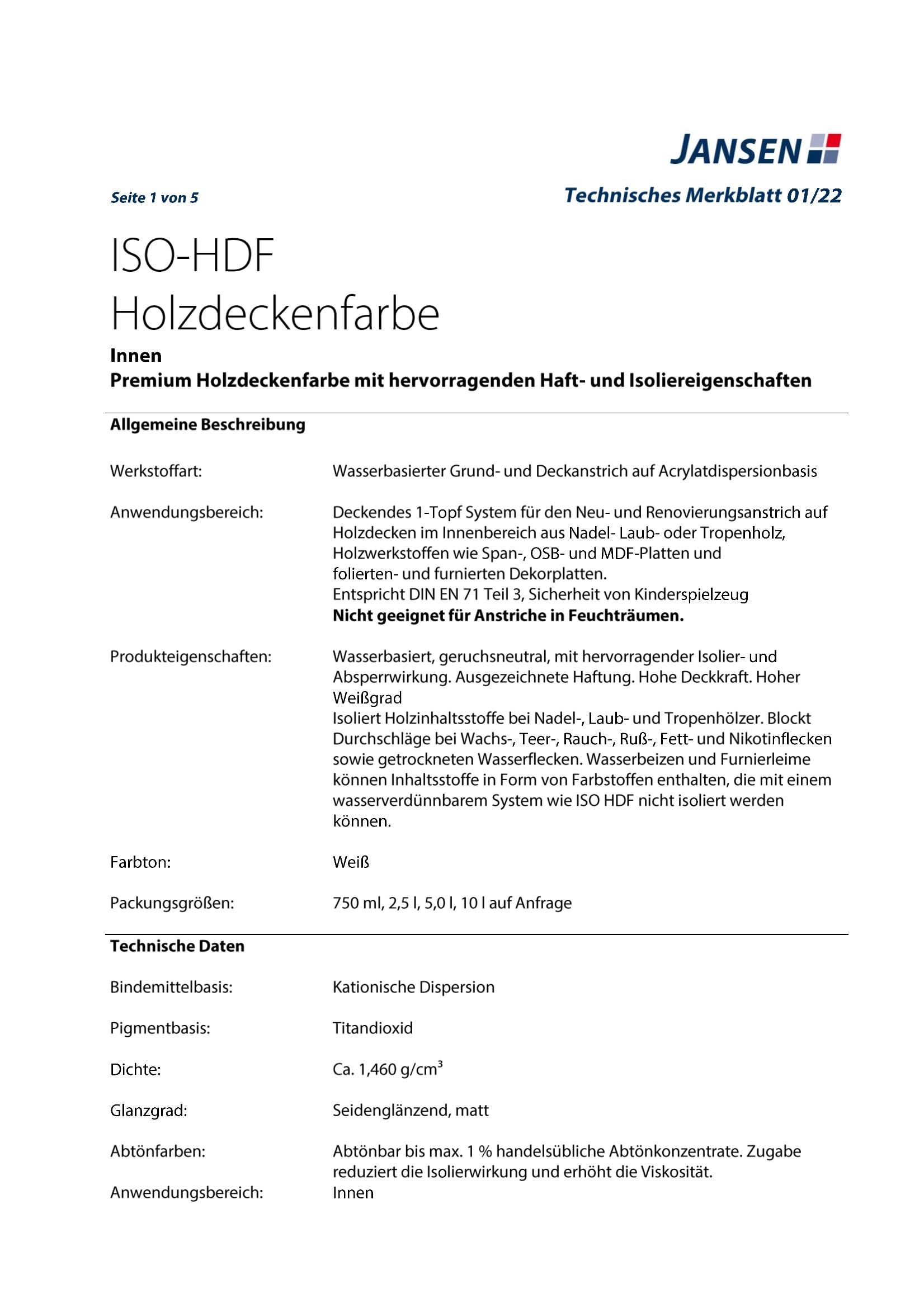 Jansen ISO-HDF Holzdeckenfarbe matt weiß 750ml Grund und Deckanstrich