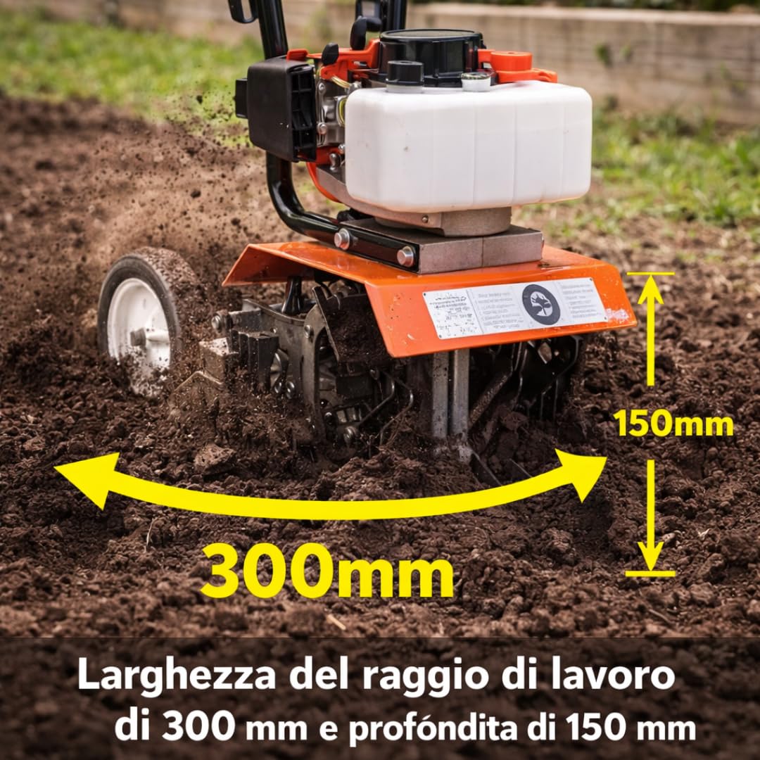 Motozappa a Scoppio 52cc Motocoltivatore 2 Tempi Zappatrice per Giardino Orto Larghezza 300 mm Profondità 150 mm Zappette Acciaio