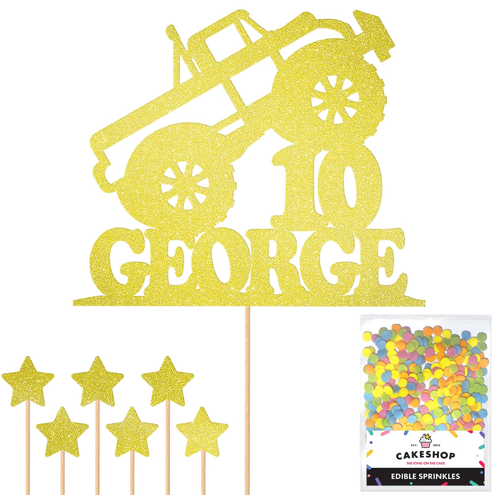 Personalised Monster Truck Glitter Cake Topper- Champagne Any Custom Age & Name Glitter Cake Decoration and Sprinkles - Happy Birthday Decorations - Personalised Toppers for Cakes by Cakeshop — image 1
