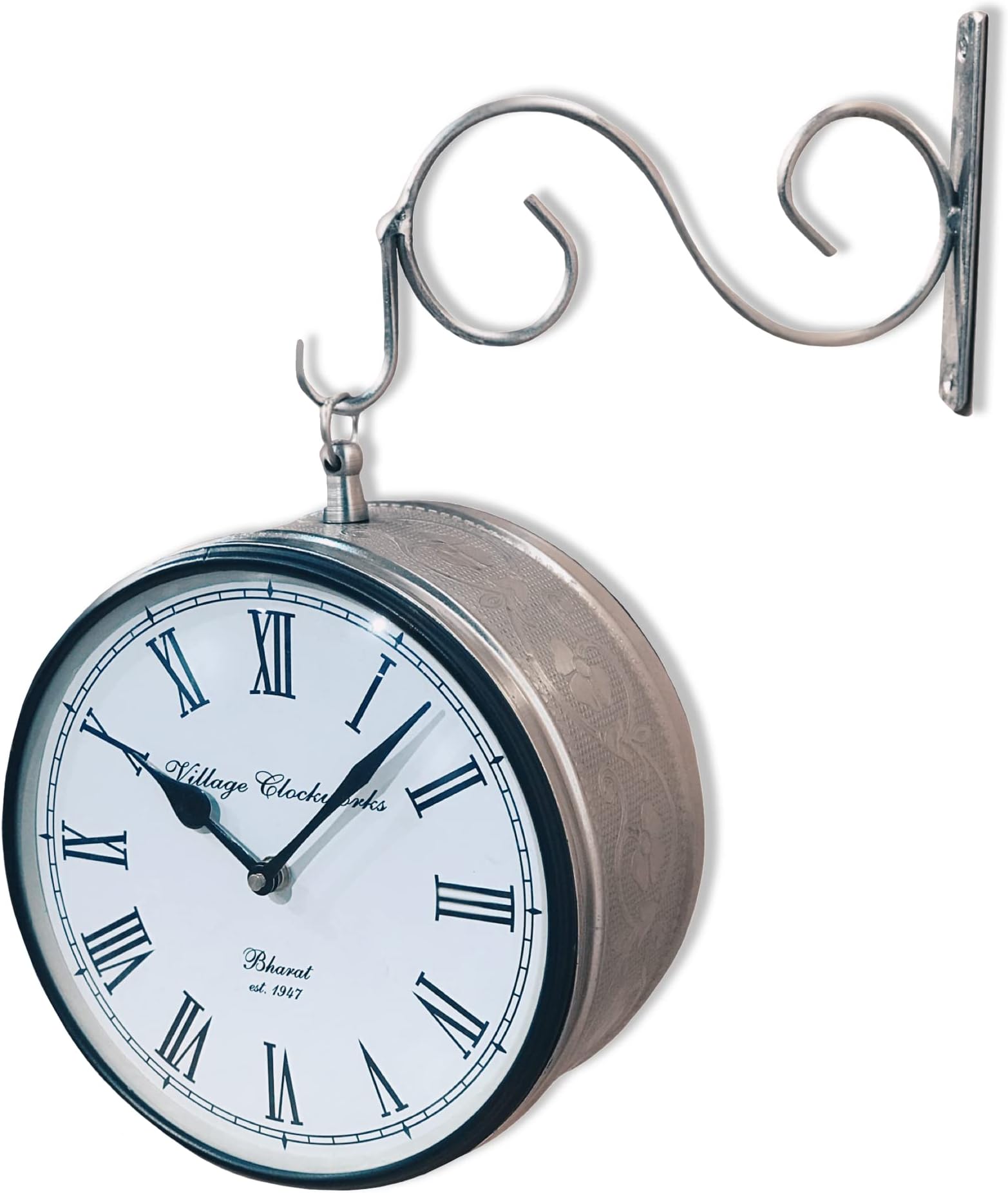 RoyalsCart Double Sided Station Clock || Vintage Railway Analog Wall Clock for Home, Office, Gym, Shop & Classroom || Silver, Dial Size 6 inch