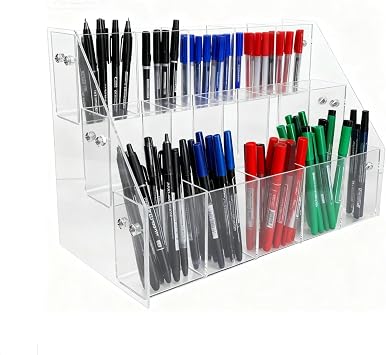 STOBAZA Pen Holder Display Stand 3-Tier Acrylic Marker Organizer with 15 Slots Clear Pencil and Art Supply Storage for Office Desk and School 10.43 X 7.28 X 5.51 Inches