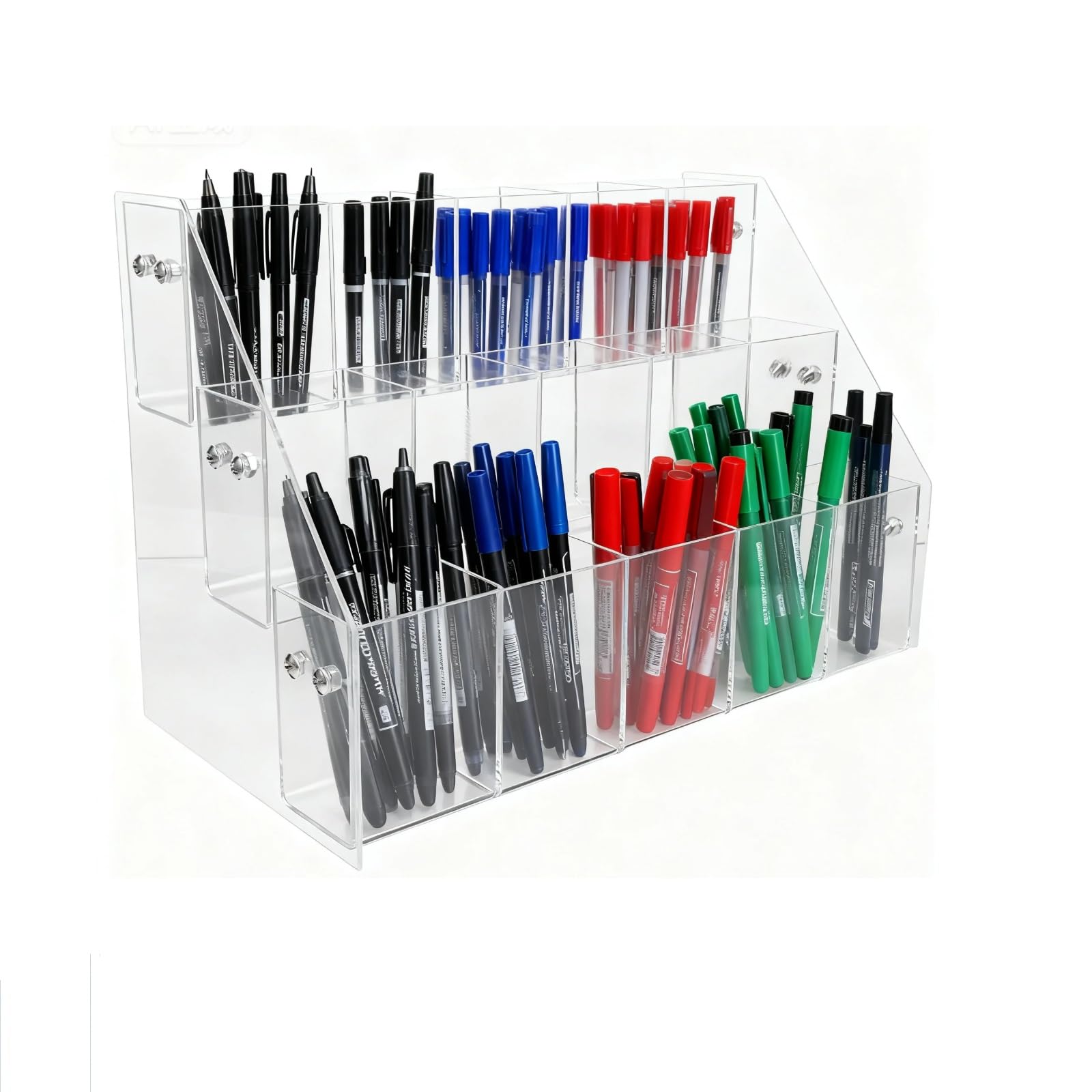 STOBAZA 3 Tier Acrylic Pen Holder Vertical Marker Organizer for Desk, 15-Slot Clear Makeup Brush Pencil Holder, Large Desktop Stationary Storage for