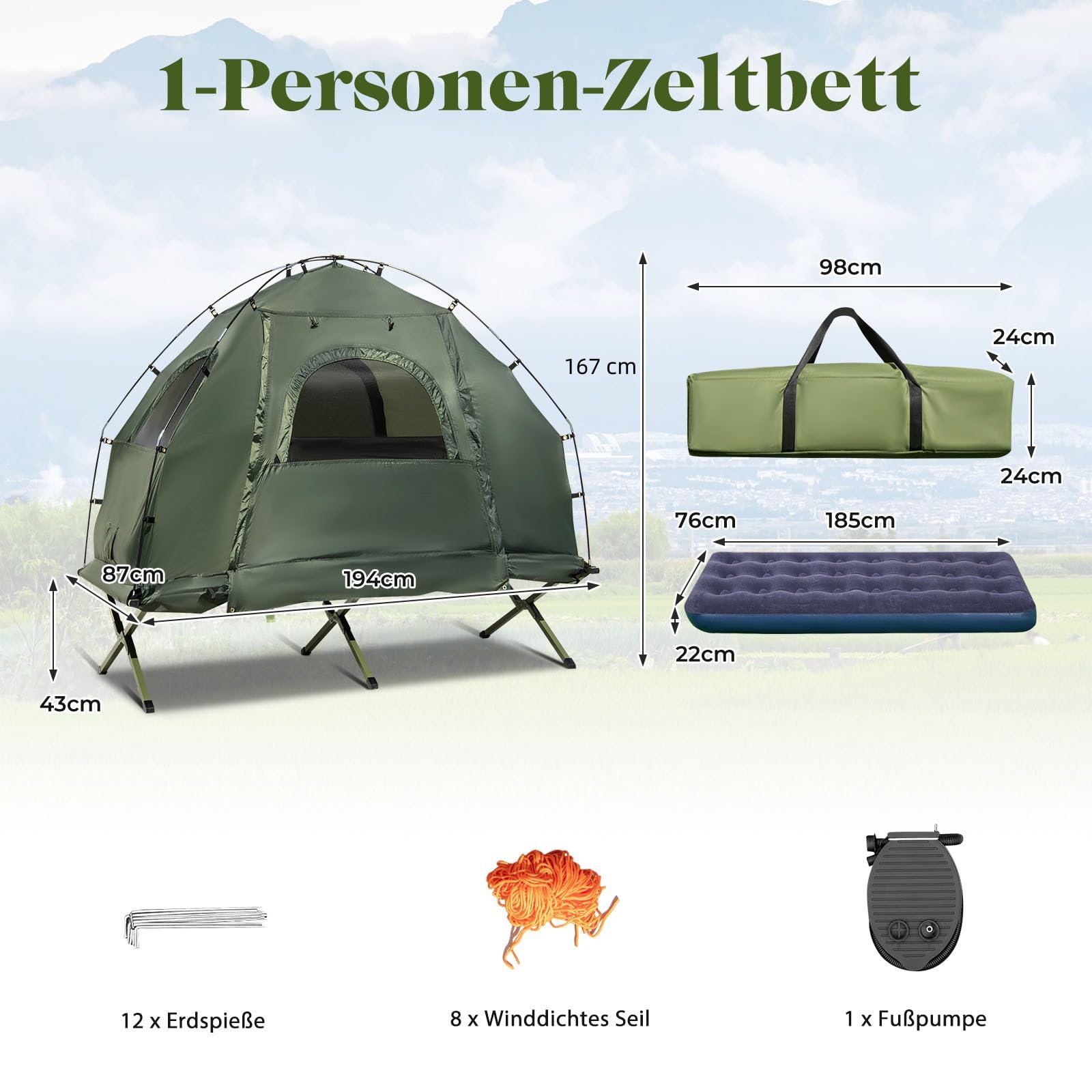 GYMAX Tienda de Campaña con Cama de Campo, Cama de Camping con Saco de Dormir, Colchón de Aire y Almohada, Tienda de Campaña con Protección Solar y Bolsa de Transporte