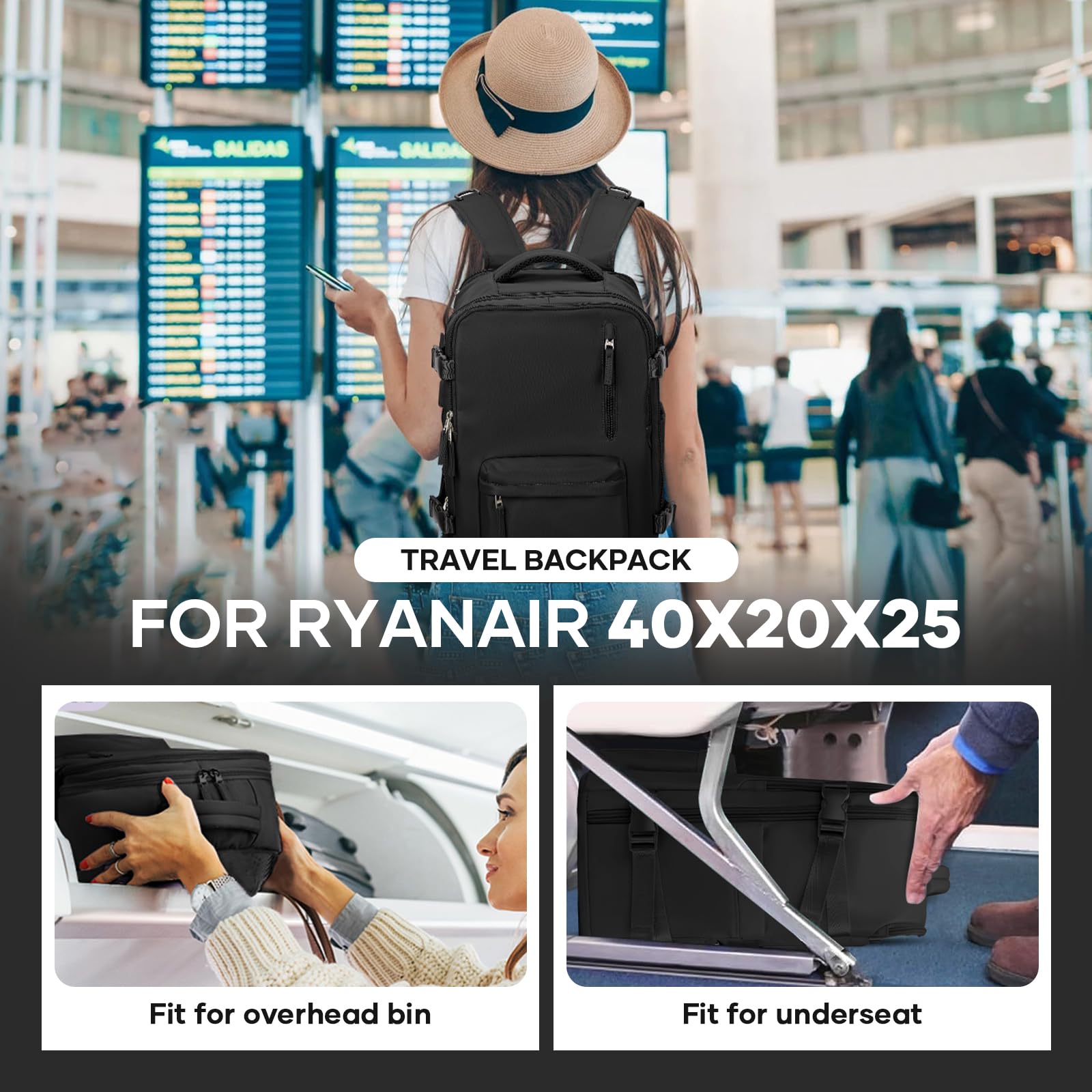 Zaino da Viaggio per Ryanair 40x20x25 Bagaglio a Mano Zaino Borse da Cabina per Ryanair Il Sedile Zaino Aereo Bagaglio a Mano Donna Borsa Cabina Viaggio Zaino Travel Viaggio Casual Daypack,G1-Nero