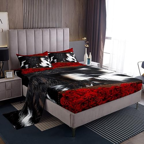 Miniatura 8 de Manfei Juego de sábanas de vaquero tamaño matrimonial, juego de sábanas de 4 piezas con estampado de piel de vaca abstracta con sábana bajera de